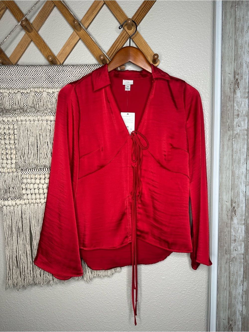 a new day Red Satin Tie-Front Long Sleeve Blouse